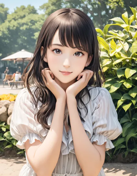 (best quality:1.2), 1girl, Ueno Park, blouse, summer, cowboy shot, shoot from front