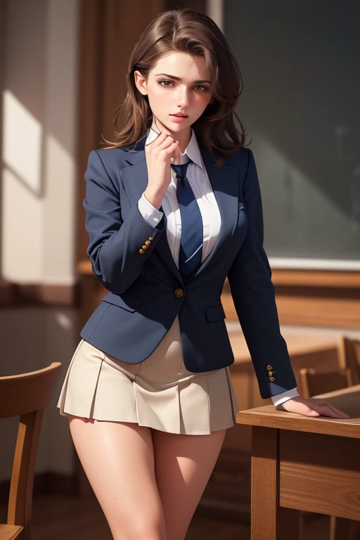 a beautiful young woman with long, very short brown hair, tomboy style, beautiful detailed eyes, beautiful detailed lips, extremely detailed eyes and face, small bust, athletic, long eyelashes, wearing a blue blazer style uniform with tie and tight skirt, socks up to shapely knees, thighs and legs, standing in an anatomy club room, looking at the viewer with an irritated expression, surrounded by drawings of the human body on a blackboard, with a replica of the human bust on a table, (best quality , 4k, 8k, high resolution, masterpiece: 1.2), ultra-detailed, (realistic, photorealistic, photorealistic: 1.37), HDR, UHD, studio lighting, ultra-fine painting, sharp focus, physically based rendering, extreme detail representation, professional, vivid colors, bokeh, portraits, photography, warm colors, dramatic lighting