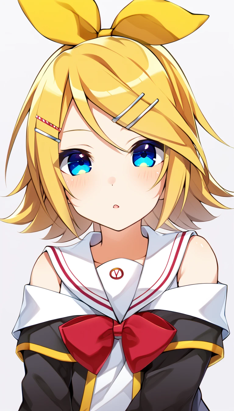 one girl, Kagamine Rin, Vocaloid, blue eyes, simple background, sailor collar, off shoulder, black sleeve, hair clip, hair bow, fourteen years old, beauty