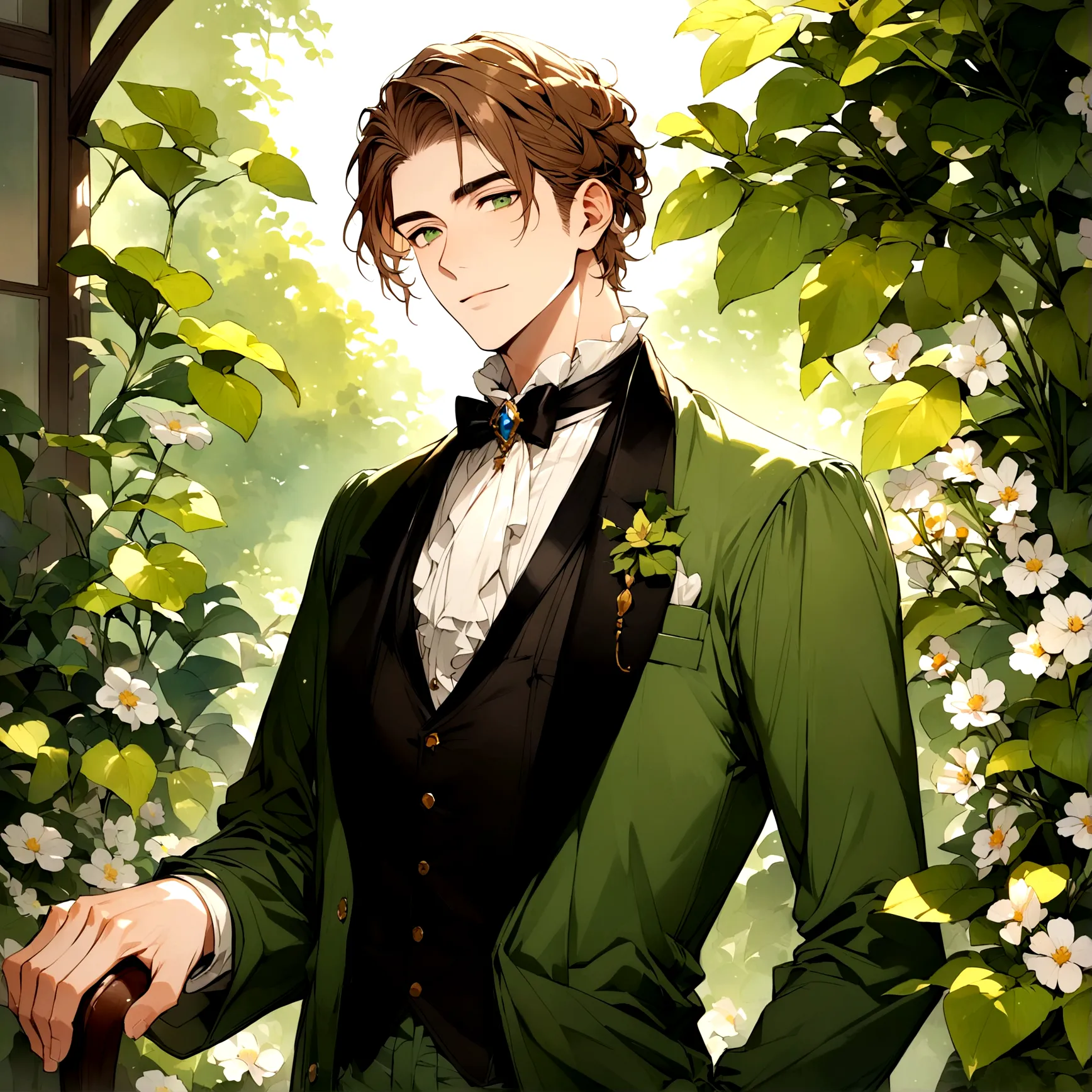 adult male gardener - brown hair - dark green eyes - in a garden