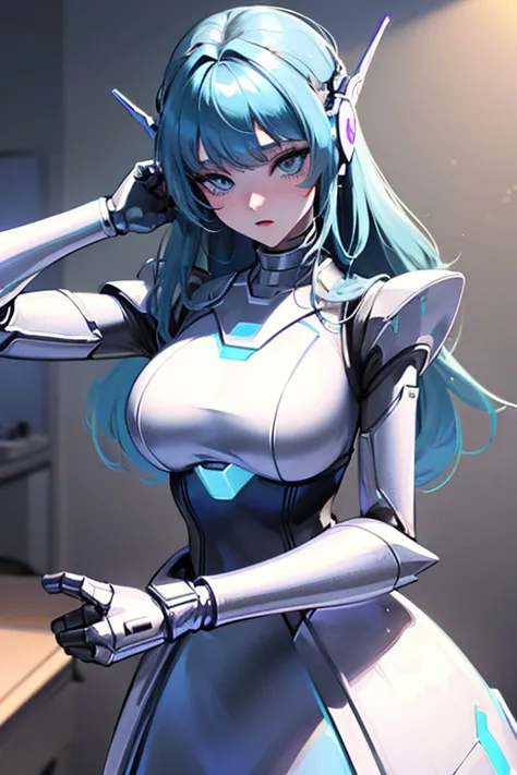 empty eyes,robotized woman ,big bust,Robot Joint ,Metal skin,dress,android,Robot Suit