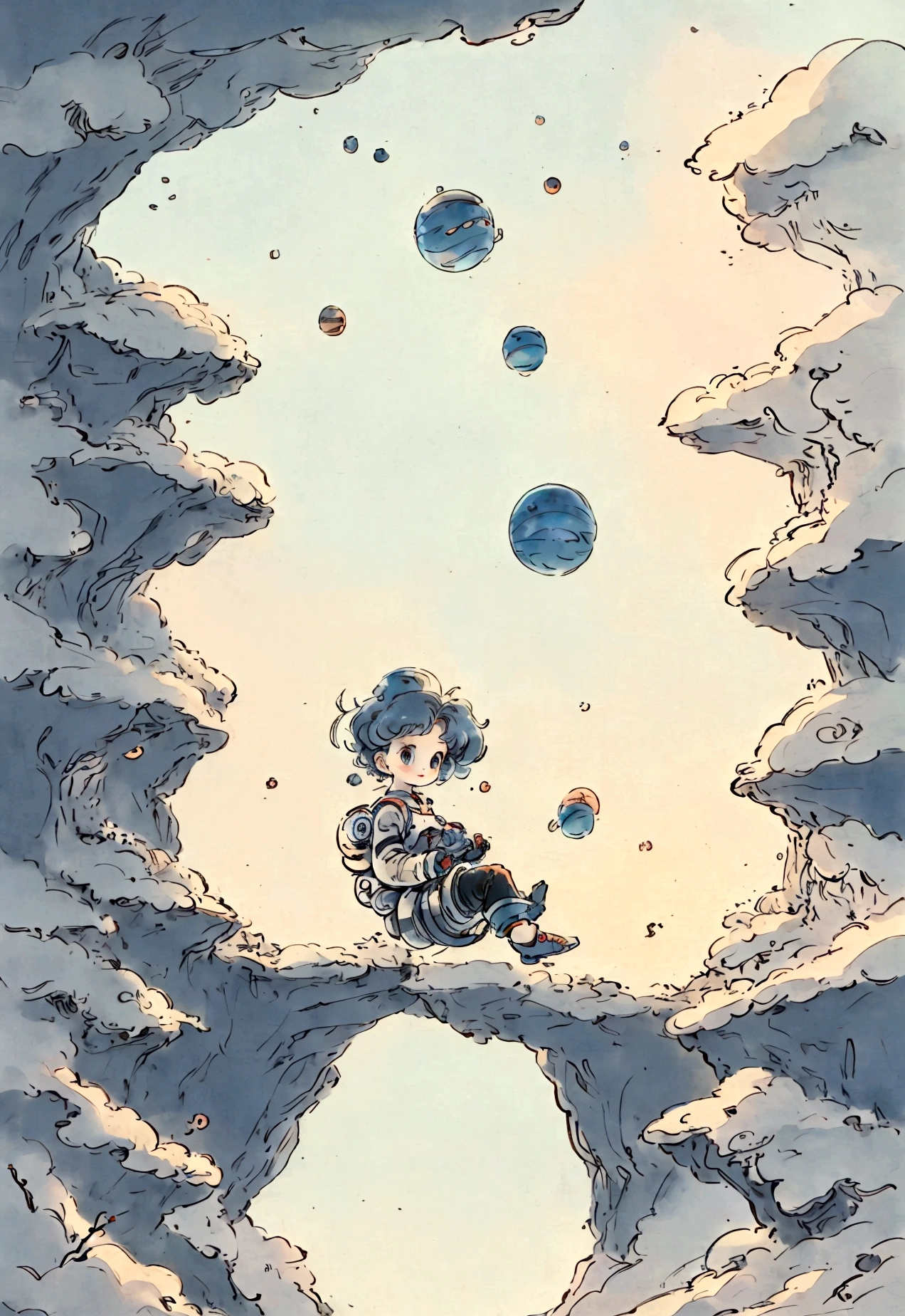 watercolor、Being inside a spaceship、Large windows of spacecraft、performer, Planets and nebulae seen from a spaceship window、girl looking out the window、Mecha、mechanical、Panorama、girl around 24 years old(Baby Face、Slim figure、Looks like a 12 year old boy)Shorts、Ukiyo-e style background、Tiny tubes and pipes undulate like tentacles...、Nipples are visible without a bra、Spacesuit