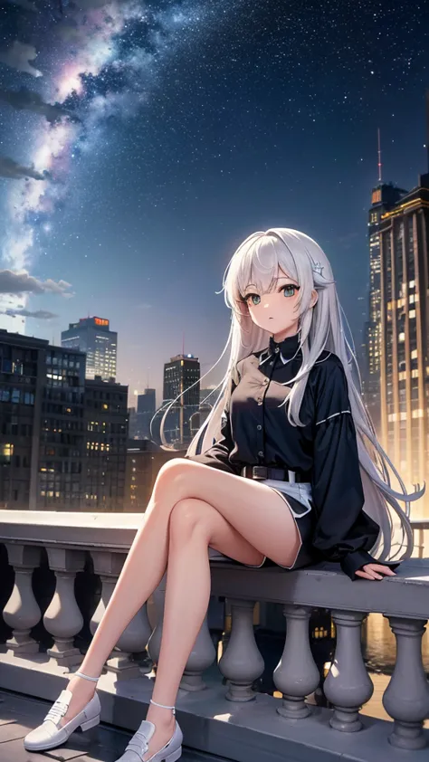 masterpiece, exquisite detail,highest quality, one girl, alone, handrail, cloud, looking up at the buildings,long hair, zero, lo...