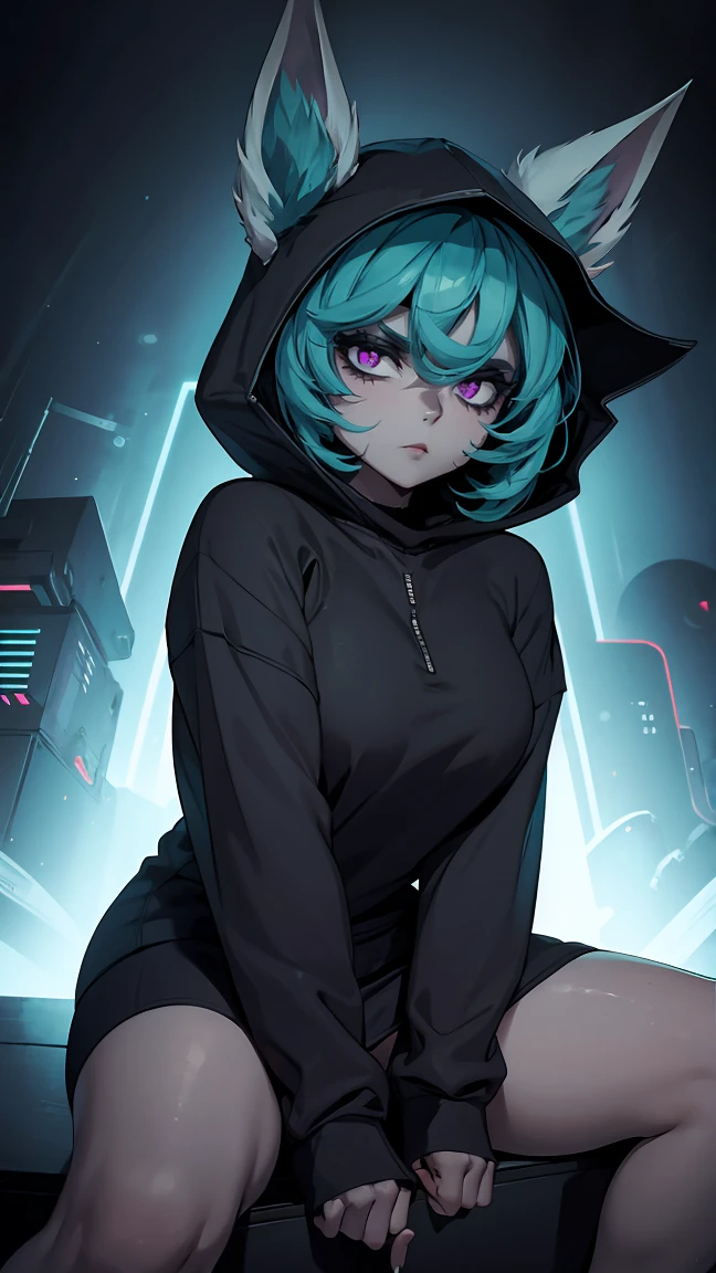 girl, large black sweatshirt, sexy pose, calm look, a dark room, evil eyes, glowing skin, Looking ahead, facial expression