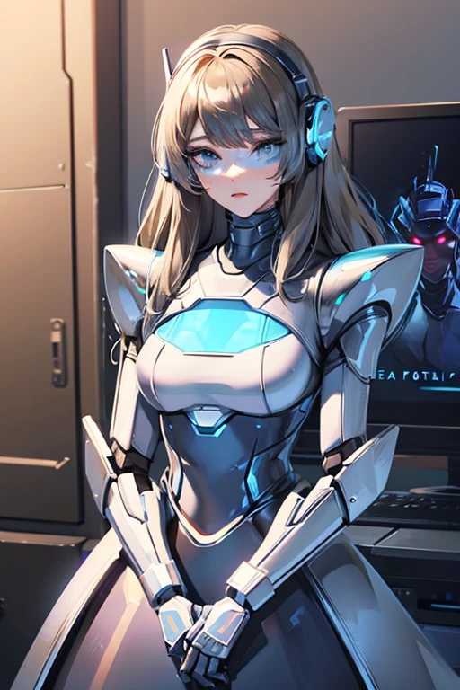 empty eyes,robotized woman ,big bust,Robot Joint ,Metal skin,dress,android,Robot Suit