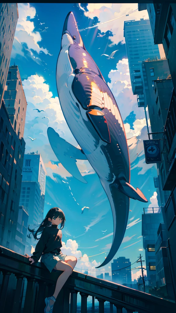 masterpiece, Exquisite detail,Highest quality, One girl, alone, handrail, cloud, Looking up at the buildings,Long Hair, zero, Long sleeve, Power lines, White footwear, Black Hair, View your viewers, Electric pole, bangs, cloudy zero, fish, bird, Green Eyes, Shorts, Day, Black Shirt, barefoot,Whale flying in the sky,Giant whale,night,Star,milky way,night,Pitch black,Buildings,Sitting,bright,noon,sun,Shine