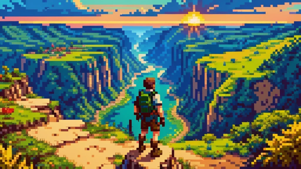 Create a 64-bit style image of an adventurer standing on the edge of a cliff, overlooking a pixelated horizon. The adventurer, with a retro look, is equipped with a sword and backpack. The landscape below features blocky mountains, forests, and a river, all rendered in vibrant, pixelated colors, with the setting sun casting a warm glow across the scene.