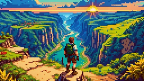 Create a 64-bit style image of an adventurer standing on the edge of a cliff, overlooking a pixelated horizon. The adventurer, w...