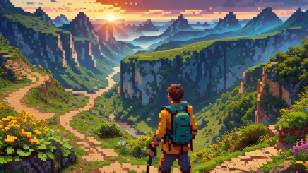 Erstellen Sie ein 720-Bit-Bild eines Abenteurers, der am Rand einer Klippe steht, Blick auf eine detaillierte, lebendiger Horizont. Der Abenteurer ist mit Schwert und Rucksack ausgestattet, und die Landschaft darunter besteht aus aufwendig gestalteten Bergen, Wälder, und ein gewundener Fluss. Die untergehende Sonne wirft ein dynamisches Farbspektrum über den Himmel und das Gelände, Verbesserung der hochauflösenden Pixelkunst.