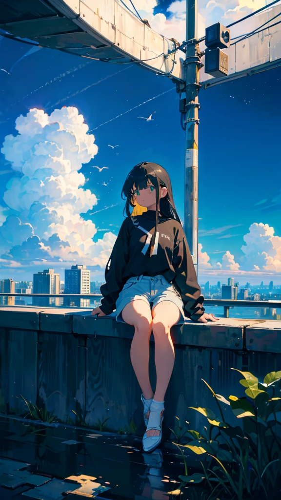 masterpiece, Exquisite detail,Highest quality, One girl, alone, handrail, cloud, Looking up at the buildings,Long Hair, zero, Long sleeve, Power lines, White footwear, Black Hair, View your viewers, Electric pole, bangs, cloudy zero, fish, bird, Green Eyes, Shorts, Day, Black Shirt, barefoot,Whale flying in the sky,Giant whale,night,Star,milky way,night,Pitch black,Buildings,Sitting,bright,noon,sun,Shine,顔アップ,zoom up