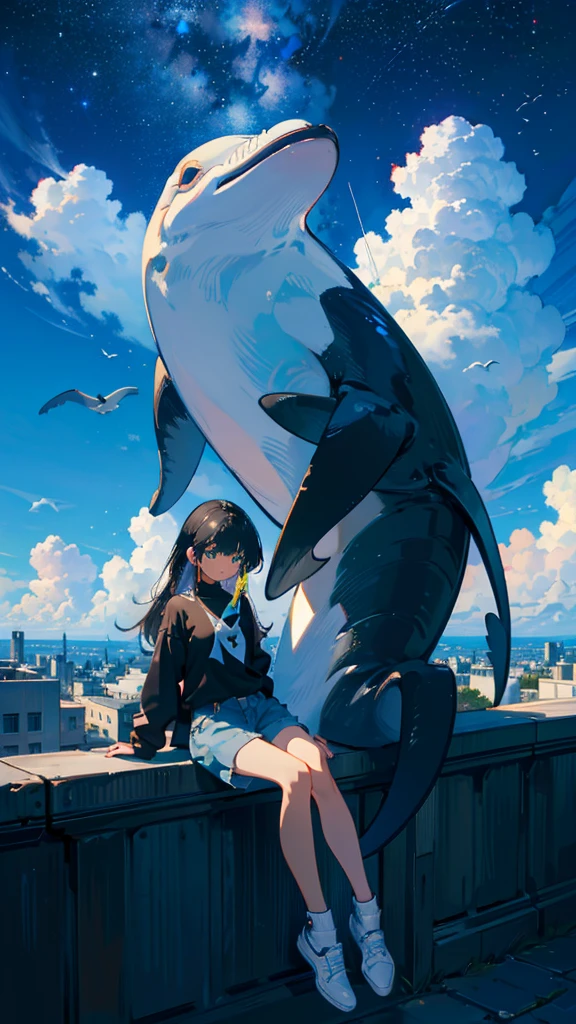 masterpiece, Exquisite detail,Highest quality, One girl, alone, handrail, cloud, Looking up at the buildings,Long Hair, zero, Long sleeve, Power lines, White footwear, Black Hair, View your viewers, Electric pole, bangs, cloudy zero, fish, bird, Green Eyes, Shorts, Day, Black Shirt, barefoot,Whale flying in the sky,Giant whale,night,Star,milky way,night,Pitch black,Buildings,Sitting,bright,noon,sun,Shine,顔アップ,zoom up