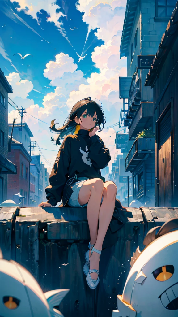 masterpiece, Exquisite detail,Highest quality, One girl, alone, handrail, cloud, Looking up at the buildings,Long Hair, zero, Long sleeve, Power lines, White footwear, Black Hair, View your viewers, Electric pole, bangs, cloudy zero, fish, bird, Green Eyes, Shorts, Day, Black Shirt, barefoot,Whale flying in the sky,Giant whale,night,Star,milky way,night,Pitch black,Buildings,Sitting,bright,noon,sun,Shine,顔アップ,zoom up