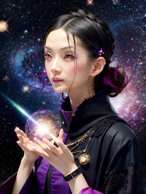 1 Girl, solo, (astrologer), 
mysterious, Fantasy, grace, Calm, Silence, intellectual, ancient, Beyond time and space, dream, aura,
Dark eyeshadow, Star shaped glitter, Sparkling Highlights, Rich Lip Color, Smokey Eye, mysteriousなアイライナー, 
universe space, shooting star, planet,
astrologerが魔法の杖を使って星を指し示している,
Sparkling meteor shower, Magic Light, Reflecting Galaxy