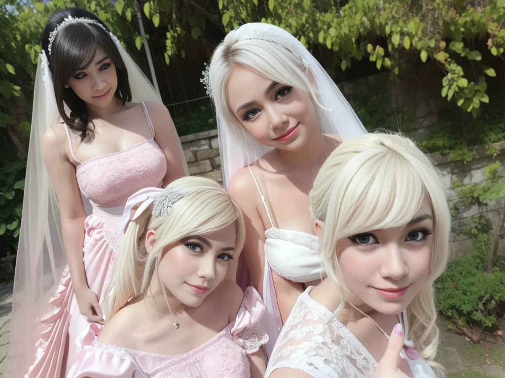 4 women Line up in a seductive pink mini dress and tight white bikini g-strings, Take a photo together, beautiful detailed eyes,beautiful detailed lips,extremely detailed eyes and face,longeyelashes,smiling,high heels,bangs,outdoor garden,bride and groom,wedding venue,best quality,4k,8k,highres,masterpiece:1.2,ultra-detailed,realistic,photorealistic,photo-realistic:1.37,HDR,UHD,studio lighting,ultra-fine painting,sharp focus,physically-based rendering,extreme detail description,professional,vivid colors,bokeh,portraits