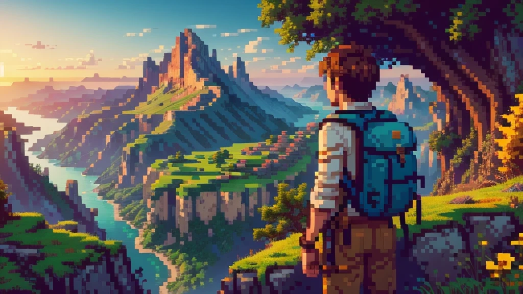 Create a 720-bit style image of an adventurer standing at the edge of a cliff, gazing out at a detailed, vibrant horizon. The adventurer is equipped with a sword and backpack, and the landscape below features intricately designed mountains, forests, and a winding river. The setting sun casts a dynamic array of colors across the sky and the terrain, enhancing the high-resolution pixel art.