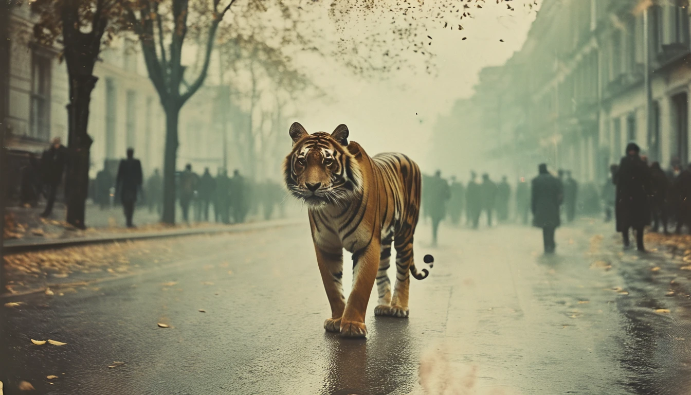 Fotografía callejera antigua de 35 mm de un tigre gigante caminando por la calle, bokeh, Profesional