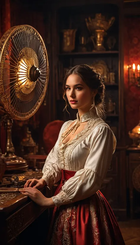 photo of a young woman standing in a vintage room filled with wooden display cabinets and various antique items. the woman is we...