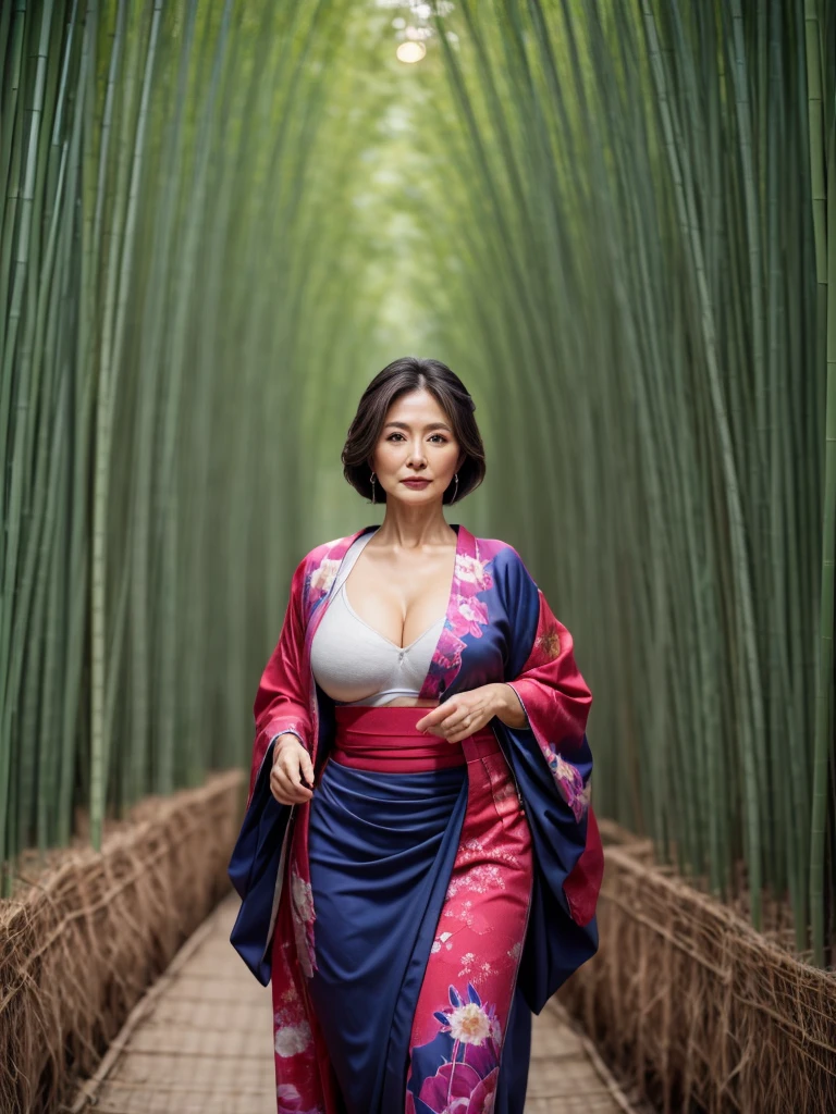 Highest quality, masterpiece, Ultra-high resolution, (Realistic:1.4), RAW Photos, One woman, Incredibly beautiful kimono, Twelve-layered kimono, Japanese clothing, Deep Shadow, Moderate, Bamboo forest at night, Illuminated by the moonlight,50-year-old, , mature woman, (upper body image:1.2), Golden Ratio:1.3,big tits