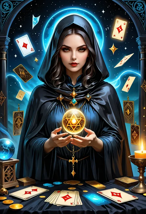 Fortune Teller，Metal photo frame，card，tarot cards：1.37.Mysterious fortune teller in cloak，Finger taps an array of tarot cards in...