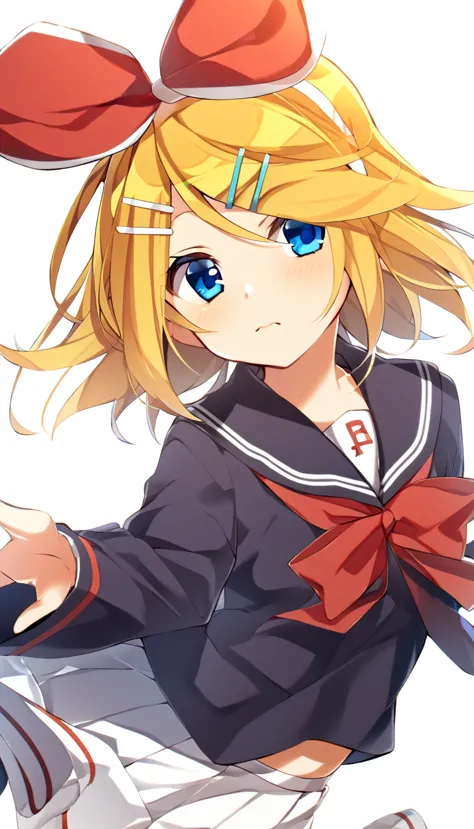 one girl, kagamine rin, vocaloid, blue eyes, simple background, black sailor uniform, hair clip, hair bow, fourteen years old, c...