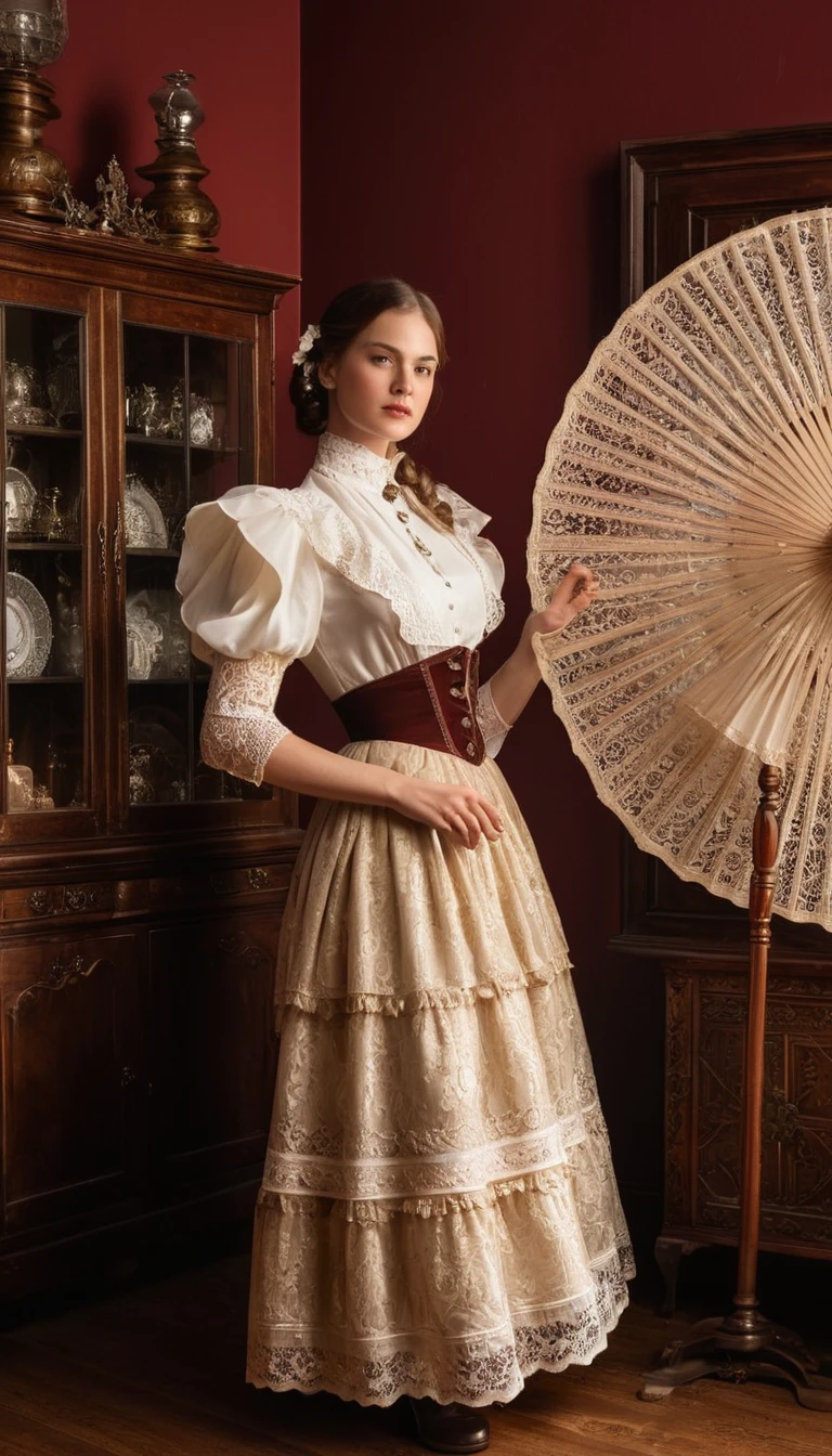 pose dinâmica, Ângulo Dinâmico. Foto de uma jovem em uma sala vintage repleta de vitrines de madeira e vários itens antigos. A mulher está vestindo uma roupa de estilo vitoriano, composta por uma blusa branca com mangas franzidas e decote alto, combinado com uma saia longa dourada com detalhes em renda. Ela segura um leque de renda branca aberto. A iluminação é quente e ambiente, realçando os tons vermelhos da madeira e criando sombras suaves pelo ambiente. A pose é elegante e equilibrada, com uma mão segurando o leque no rosto e a outra levantando suavemente a saia. As propriedades incluem trabalhos em madeira intrincados nos armários e superfícies de vidro refletivas exibindo objetos antigos em seu interior. O ângulo da câmera é visto por trás, na altura dos olhos, capturando o traje do sujeito e os detalhes ao redor., hiper-realista, ultra detailed hiper-realista, fotorrealista, iluminação de estúdio, Reflexões, pose dinâmica, Cinematic, gradação de cores, fotografia, Filmado com lente 50mm, Ângulo ultra-amplo, profundidade de campo, hiper-detalhado, lindamente colorido, 8K
