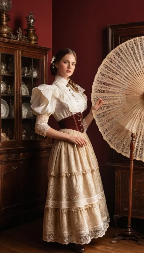 dynamic pose, dynamic angle. photo of a young woman standing in a vintage room filled with wooden display cabinets and various a...