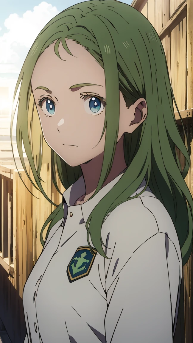 green eyes, (green hair),wavy hair,  uniform,one girl, alone,very beautiful, best quality, great quality, curated, shape, highly detailed, anime coloring,highly detailed, official art, warm tones, sun flare, soft shadows, vibrant colors,highly detailed, official art,((hairstyle with bangs)),