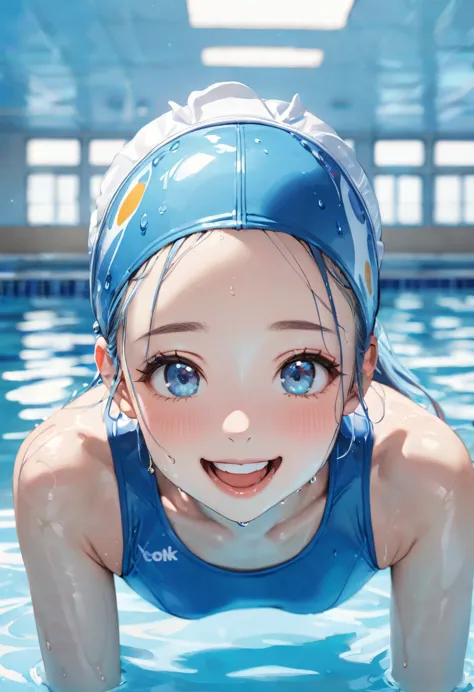 (swimming style), (wet skin, solo:2, 15 yo forehead blue hair long hair cute girl, lovely blue eyes, cute open mouth, glossy lip...