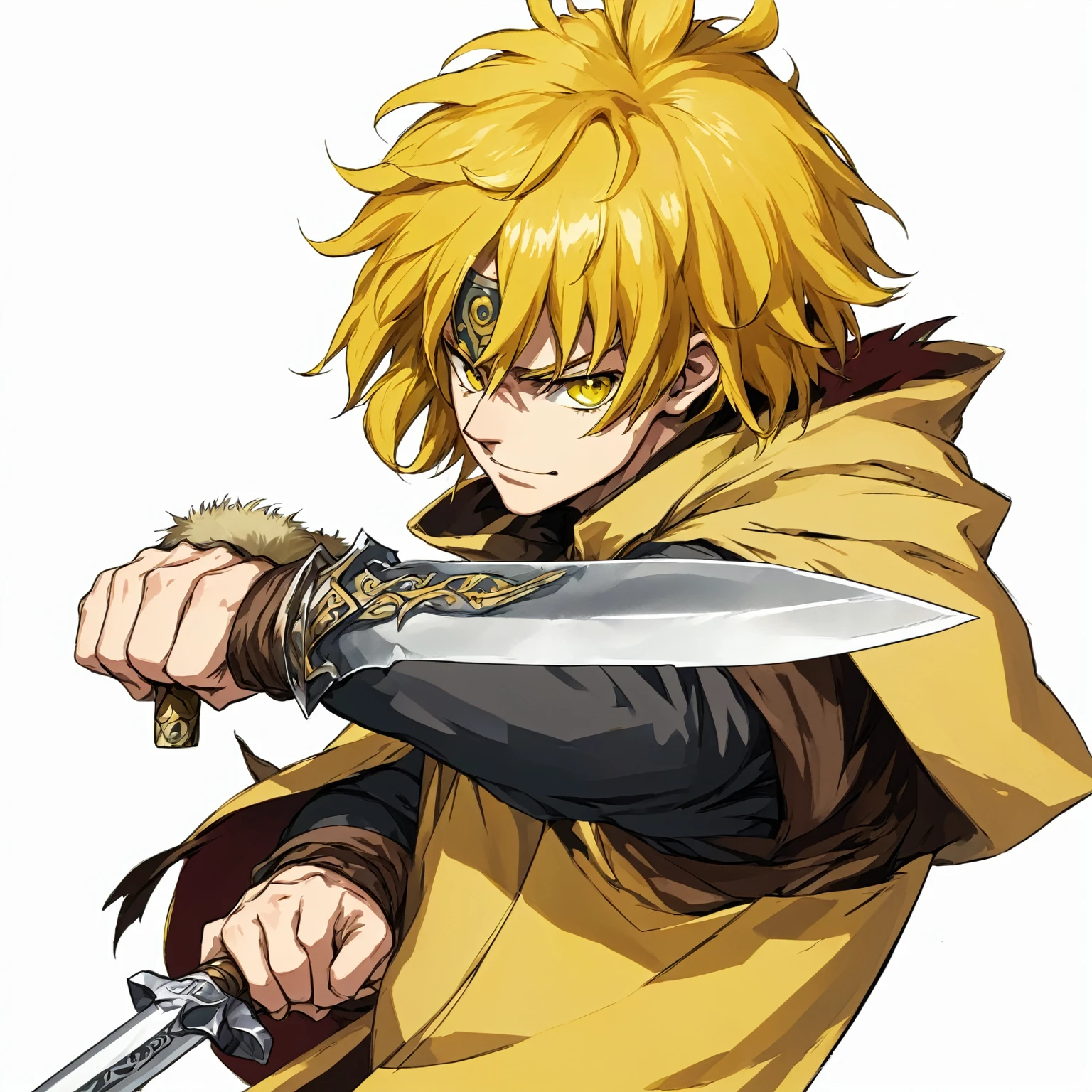 personaje de anime con cabello amarillo sosteniendo una daga en su mano, kentaro miura manga art style, arte clave del anime, boceto coloreado de alta calidad, sorprendente estilo artístico manga, pose rudo, mejor diseño de personajes de anime, arte anime digital avanzado, desencadenar estilo artístico anime, Thorfinn, saga de vinlandia, cara enojada, Pieles marrones,