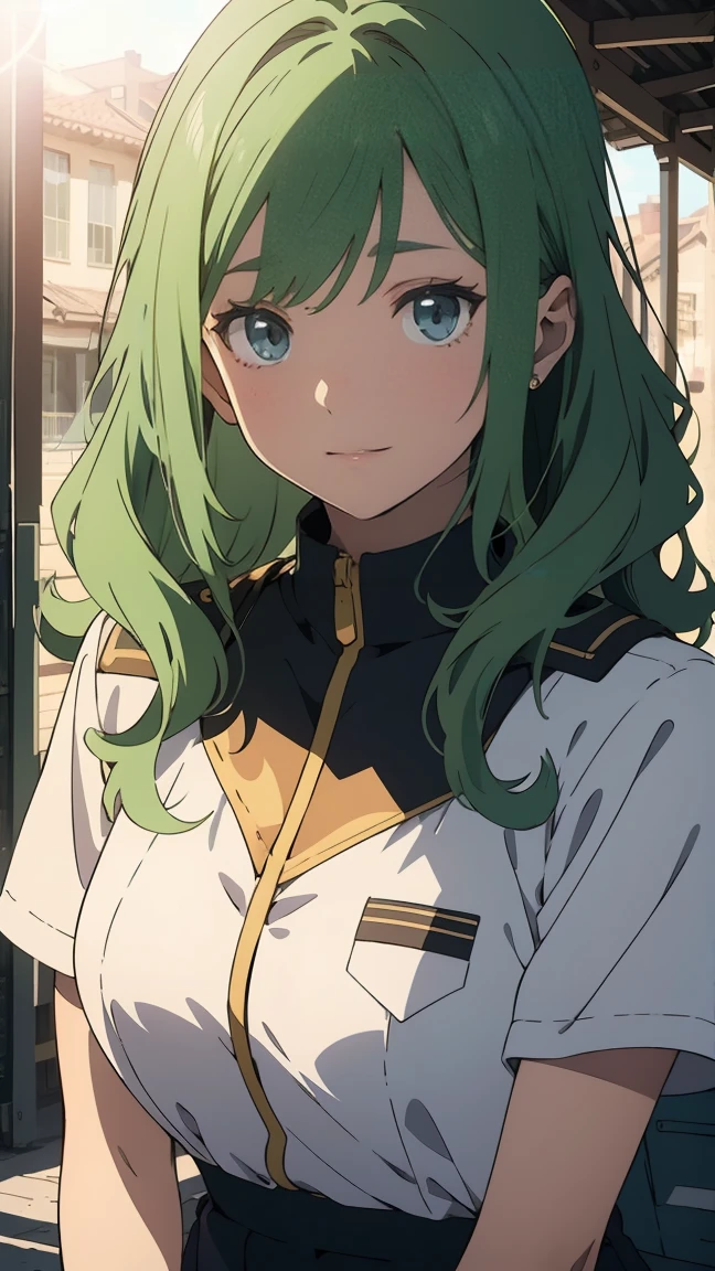 green eyes, (green hair),((wavy hair)),  uniform,one girl, alone,very beautiful, best quality, amazing quality, curated, shape, highly detailed, anime coloring,highly detailed, official art, warm tones, sun flare, soft shadows, vibrant colors,highly detailed, official art,((hairstyle with bangs)),facial expression pattern,smile,