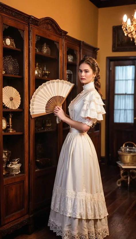 Photo of a young woman standing in a vintage room filled with wooden display cabinets and various antique items. The woman is we...