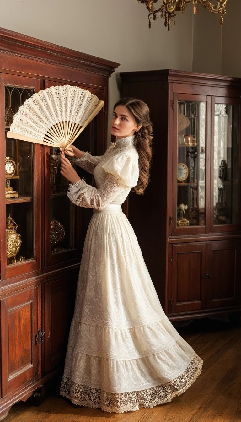 Foto de uma jovem em uma sala vintage repleta de vitrines de madeira e vários itens antigos. A mulher está vestindo uma roupa de estilo vitoriano, composta por uma blusa branca com mangas franzidas e decote alto, combinado com uma saia longa dourada com detalhes em renda. Ela segura um leque de renda branca aberto. A iluminação é quente e ambiente, realçando os tons vermelhos da madeira e criando sombras suaves pelo ambiente. A pose é elegante e equilibrada, com uma mão segurando o leque no rosto e a outra levantando suavemente a saia. As propriedades incluem trabalhos em madeira intrincados nos armários e superfícies de vidro refletivas exibindo objetos antigos em seu interior. O ângulo da câmera é visto por trás, na altura dos olhos, capturando o traje do sujeito e os detalhes ao redor., hiper-realista, ultra detailed hiper-realista, fotorrealista, iluminação de estúdio, Reflexões, pose dinâmica, Cinematic, gradação de cores, fotografia, Filmado com lente 50mm, Ângulo ultra-amplo, profundidade de campo, hiper-detalhado, lindamente colorido, 8K
