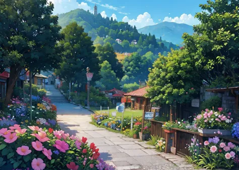 there was a lot of flowers and other things in a town landscape, no humans, scenery, outdoors