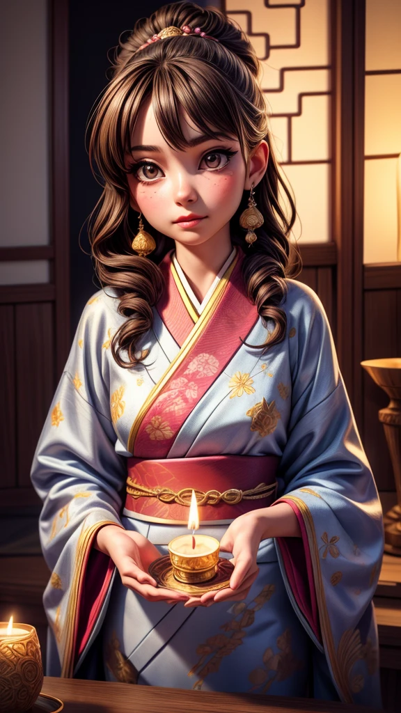 a young astrologist girl, fortune-telling customers at a cultural festival, detailed face and eyes, beautiful detailed lips, extremely detailed eyes and face, long eyelashes, traditional japanese kimono, traditional japanese hairstyle, intricate ornaments, detailed jewelry, mystical aura, magical energy, glowing crystals, zodiac symbols, candles, incense, dimly lit room, warm lighting, (best quality,8k,highres,masterpiece:1.2),ultra-detailed,(realistic,photorealistic,photo-realistic:1.37),concept art,digital painting,muted colors,soft lighting