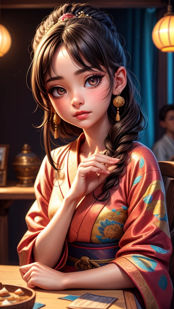 a young astrologist girl, fortune-telling customers at a cultural festival, detailed face and eyes, beautiful detailed lips, extremely detailed eyes and face, long eyelashes, traditional japanese kimono, traditional japanese hairstyle, intricate ornaments, detailed jewelry, mystical aura, magical energy, glowing crystals, zodiac symbols, candles, incense, dimly lit room, warm lighting, (best quality,8k,highres,masterpiece:1.2),ultra-detailed,(realistic,photorealistic,photo-realistic:1.37),concept art,digital painting,muted colors,soft lighting