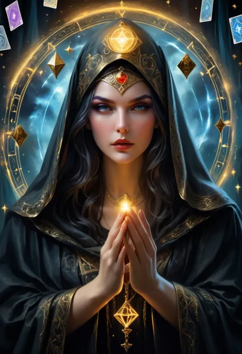 fortune teller，metal photo frame，card，tarot cards：1.37.mysterious fortune teller in cloak，finger taps an array of tarot cards in...