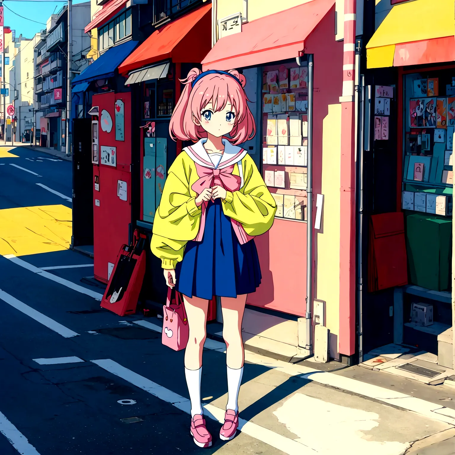 kawaii anime girl standing on the street in kawaii anime