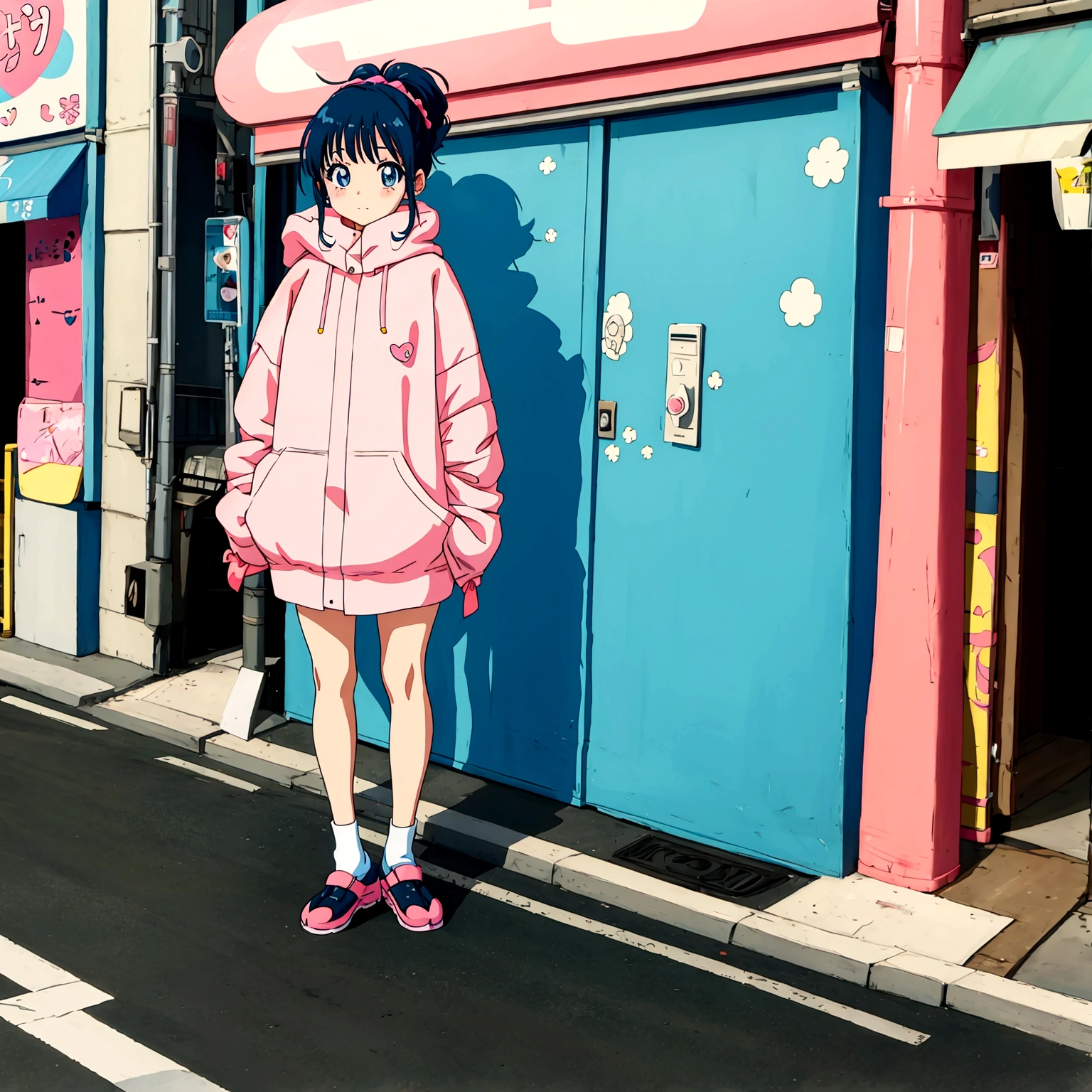 สาวอะนิเมะน่ารักยืนอยู่บนถนนในอะนิเมะน่ารัก