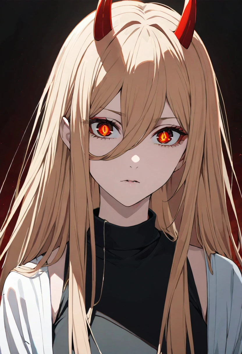 1girl, p0w3r0x1, long hair, blonde hair, red horns,demon pupils, 1girl, solo, ahoge, expressionless, long hair, masterpiece, best quality