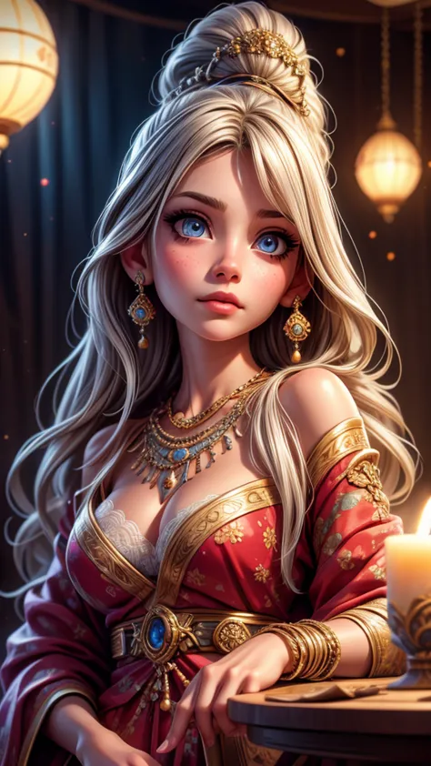 a young astrologist girl, fortune-telling customers at a cultural festival, silver hair, blue eyes, detailed face and eyes, beau...