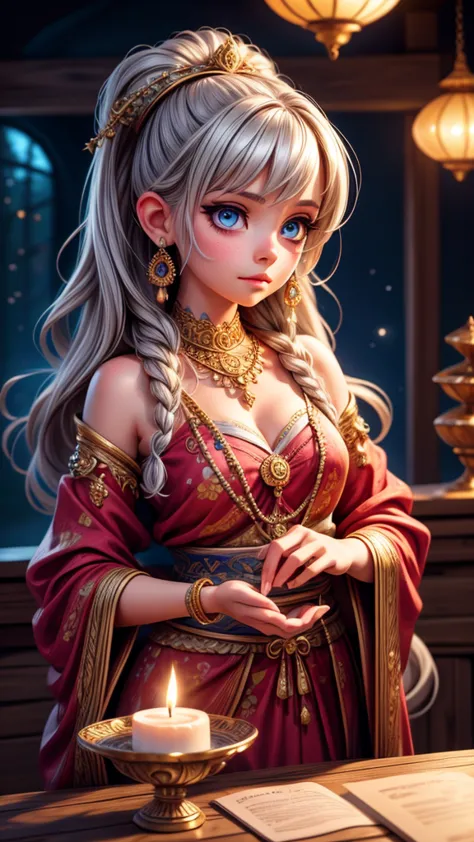 a young astrologist girl, fortune-telling customers at a cultural festival, silver hair, blue eyes, detailed face and eyes, beau...