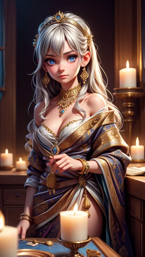 a young astrologist girl, fortune-telling customers at a cultural festival, silver hair, blue eyes, detailed face and eyes, beau...