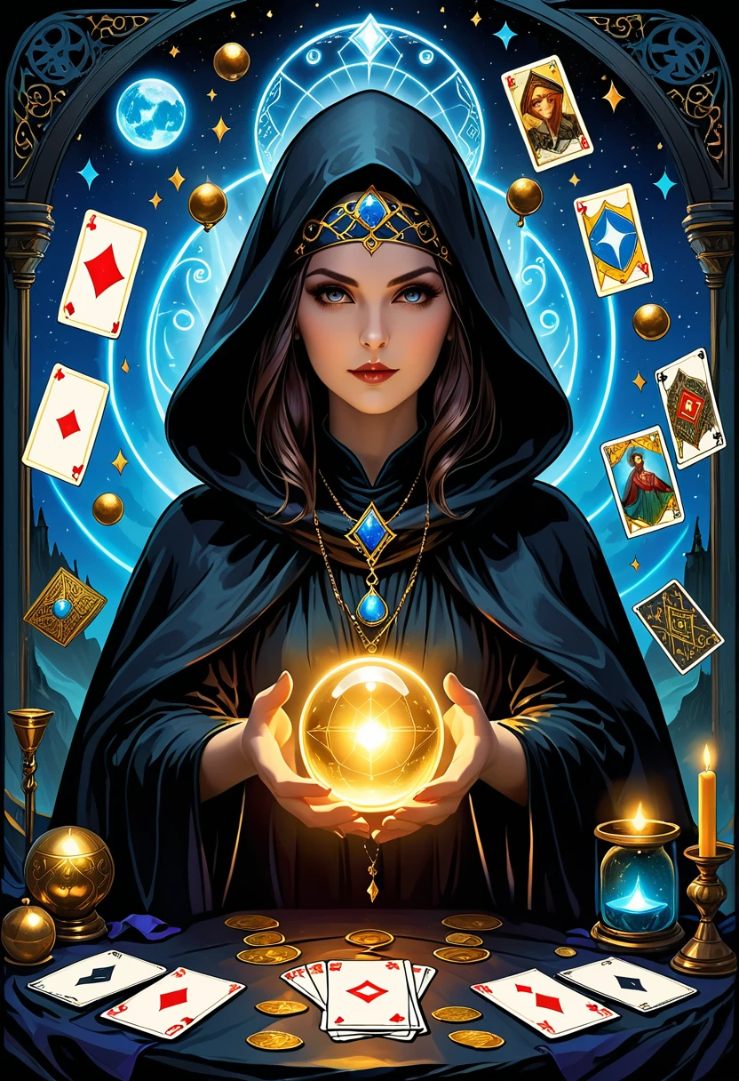 Fortune Teller，Metal photo frame，card，tarot cards：1.37.Mysterious fortune teller in cloak，eldenger taps an array of tarot cards in the air，Mystical symbols and elements，Ancient mysterious atmosphere，Realistic illustration details，A composition full of vitality and energy，Dark Style，Gothic style