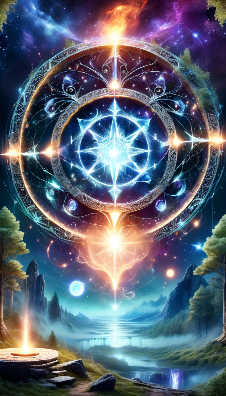 A great astrologer，（Dark Fantasy），（Ultra wide angle），In an ancient forest wasteland, The ancient stone magic circle predates all recorded history. It is composed of countless huge rocks, Each one has signs of erosion., Arranged into a perfect six-pointed star，Point to each constellation, As if connected to the power of the universe. At its center, The ground is engraved with complex runes and mysterious patterns.，In the moonlight, the light is blue, As part of the summoning ritual，It is also a container of power., Peak electricity consumption at night. The surrounding forest seemed to avoid, The branches are curved，Whisper. When the stars align on a special night, The energy of the sky resonates with the runes of the circle, Slowly open a crack，Inside is a creature with eyes like burning coals, Made of darkness and fear, Get out, Every step you take，The earth will tremble. This scene depicts a mysterious and dangerous moment，An ancient magic circle summons an entity under the watchful eyes of the ancient forest.，(masterpiece，best quality，Ultra HD，Extremely detailed，illumination）