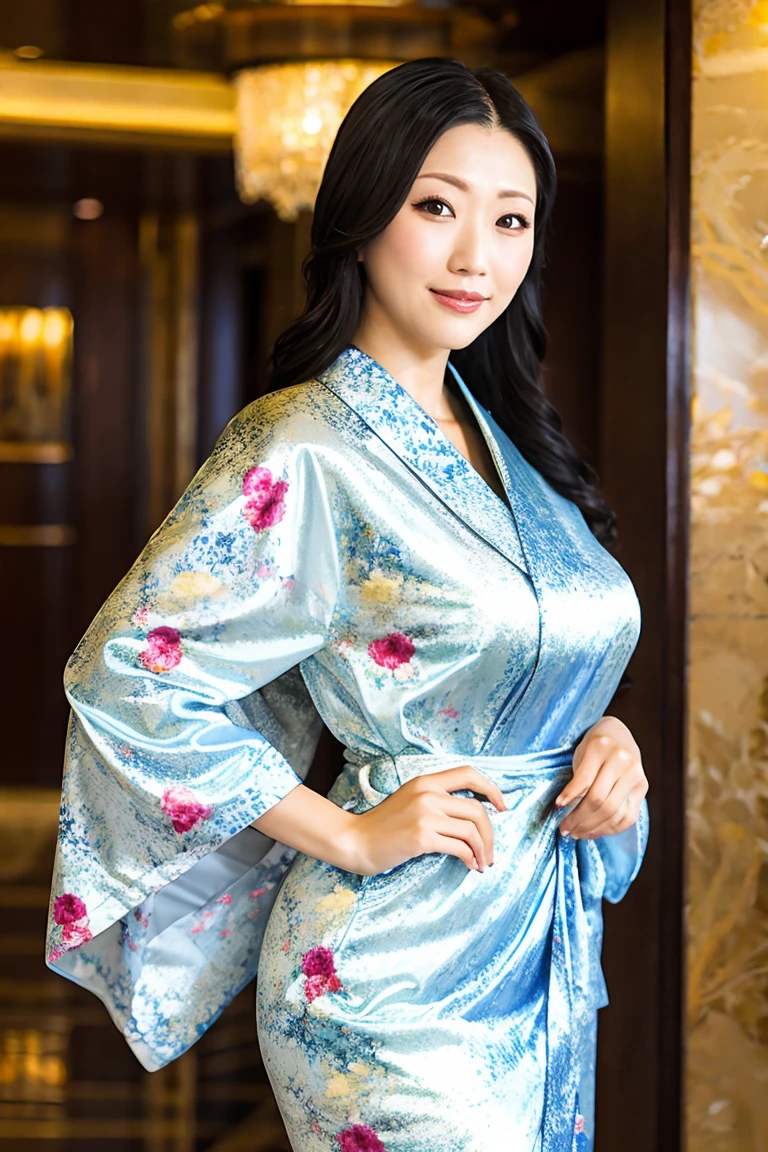 a beautiful mature woman in a floral kimono standing gracefully in an elegant hotel lobby, close-up portrait with glowing skin, blurred luxury hotel background, voluptuous figure, large breasts, accentuated curves, masterpiece, 8k, high quality, photorealistic, award-winning