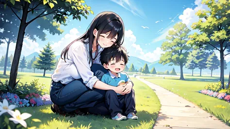 happy family scene。mother and son landscape。under the clear blue sky、a young mother in her 20s hugs her son tightly and warmly a...