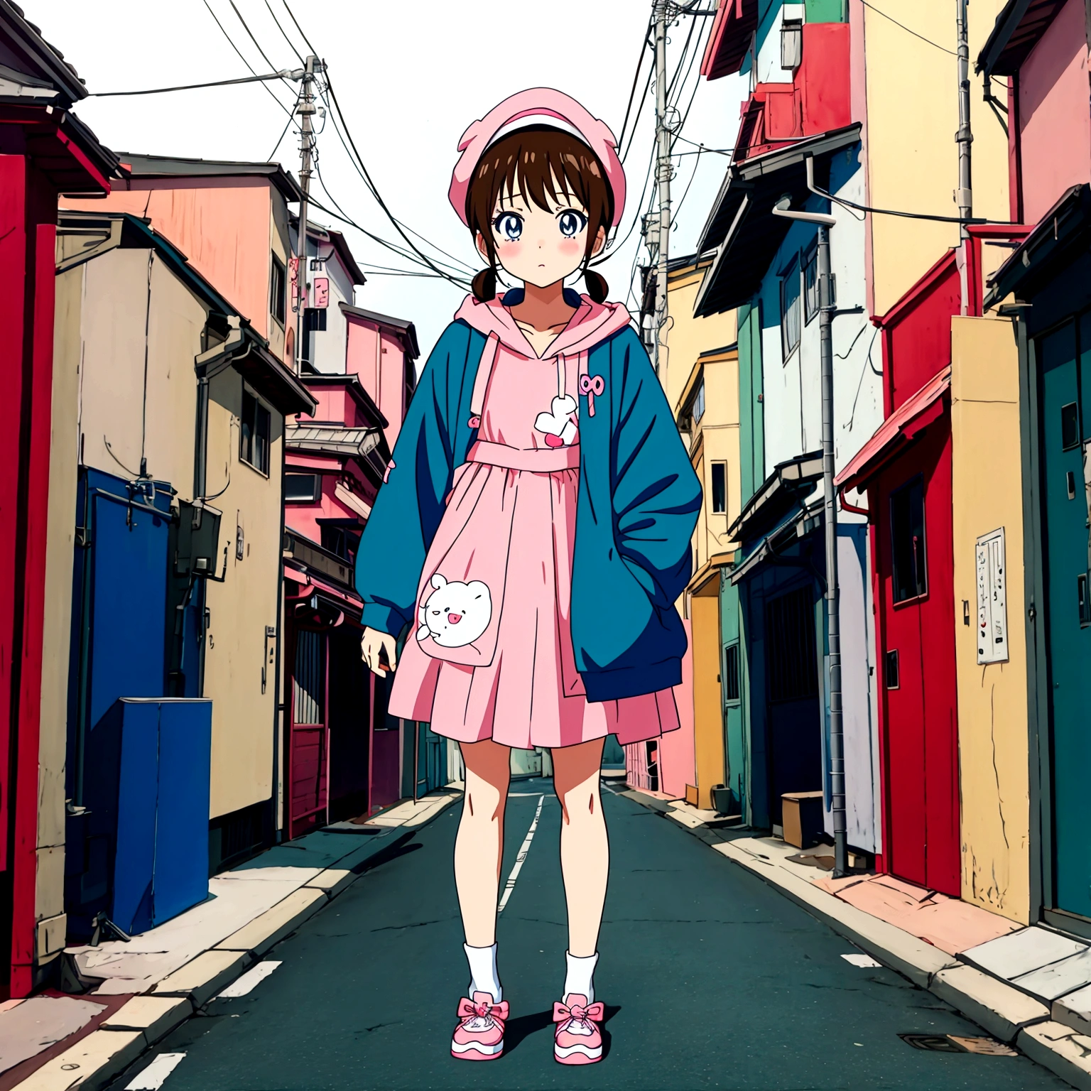 garota de anime kawaii parada em uma rua fora do anime kawaii