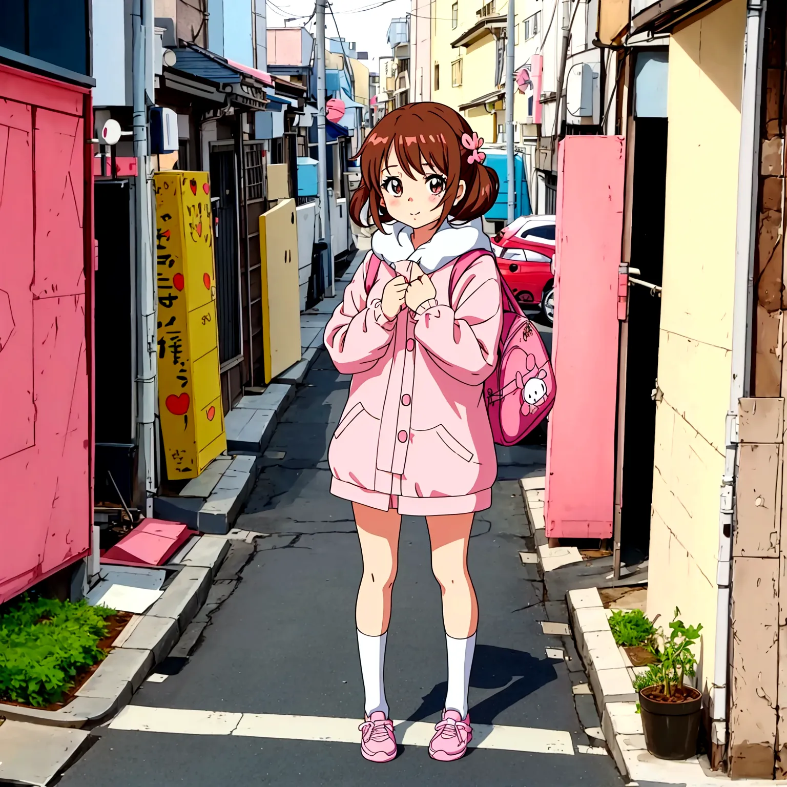 kawaii anime girl standing on a off street in kawaii anime