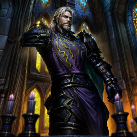 draego, a medieval knight in shining armor, standing in front of an altar in a large cathedral, dramatic backdrop, high contrast...