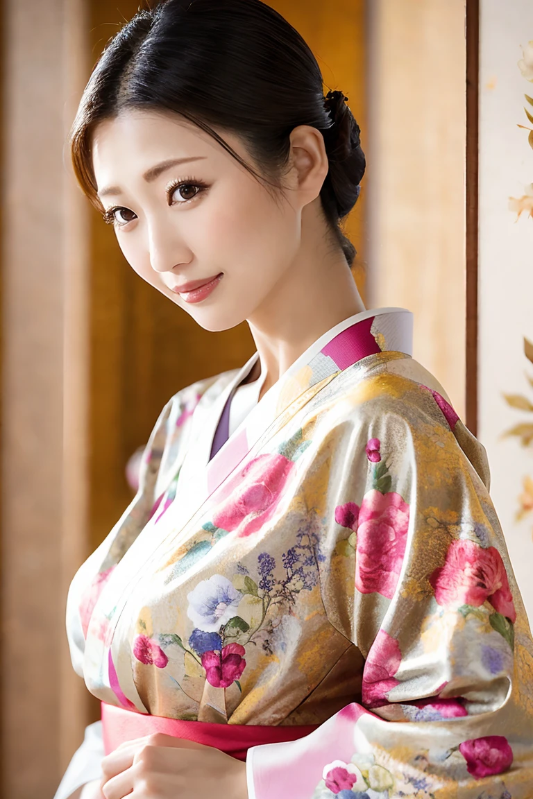 (Highest quality、Tabletop、8K、Best image quality、Award-winning works)、(1 Beautiful Mature Woman:1.1)、(Innkeeper:1.1)、(Elegant floral kimono:1.2)、Perfect Mature Woman Portrait Photo、Glowing Skin、Standing Elegantly、Face close-up、(Blurred elegant luxury hotel background:1.3)、Glowing White Skin、Very white skin、(Voluptuous body:1.1)、(Large Breasts:1.2)、(Accentuate your body lines:1.1)、The most elegant posture、(Sad expression:1.2)